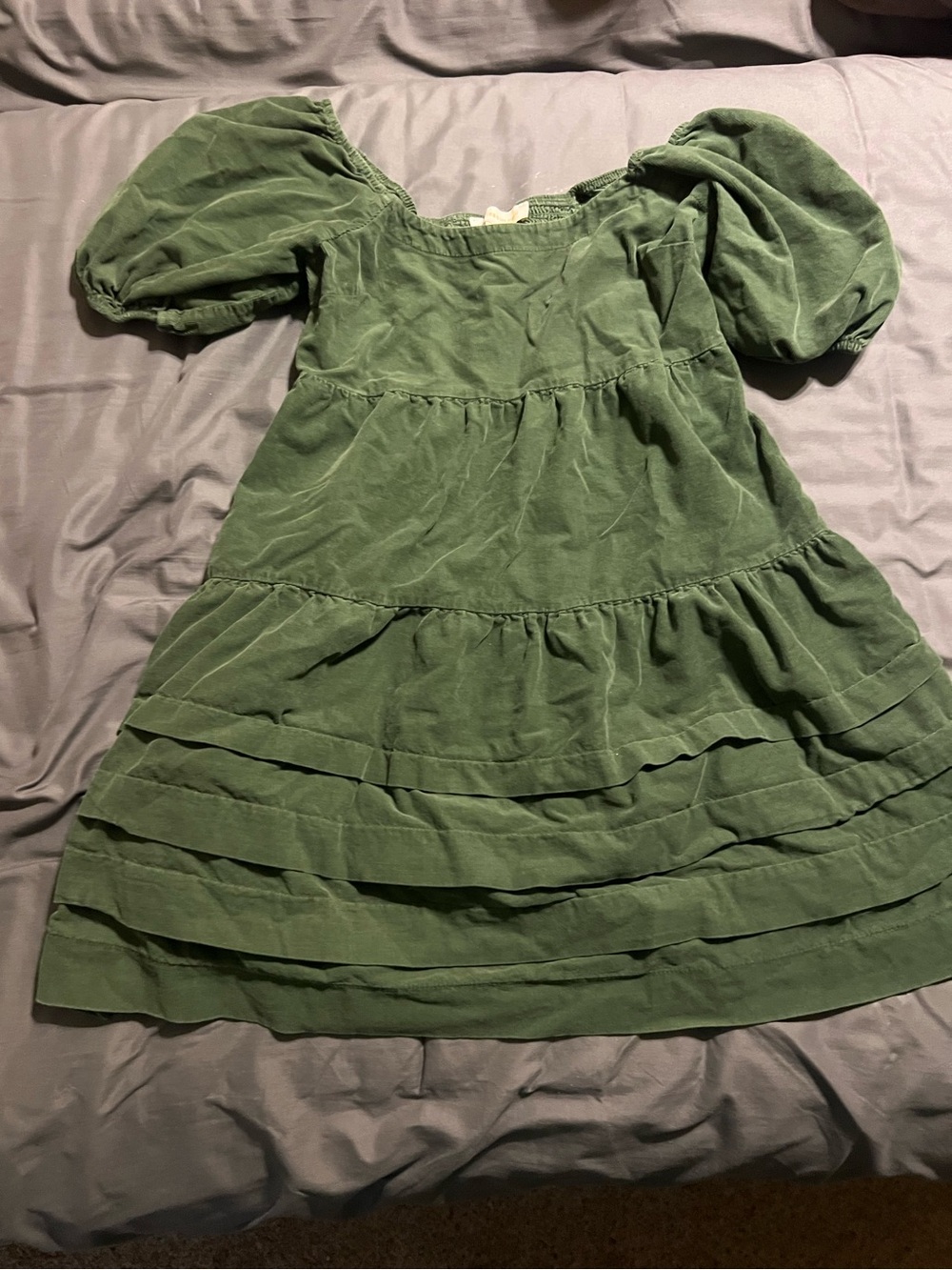 Green Tiered Puff-Sleeve Kids Dress